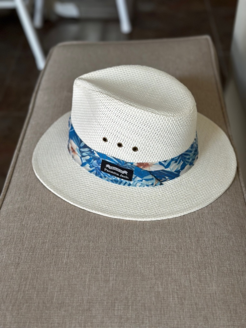 Panama Jack White Straw Fedora with Blue Floral Band